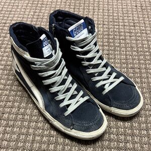 Golden Goose Navy Blue Canvas High-Top Sneakers